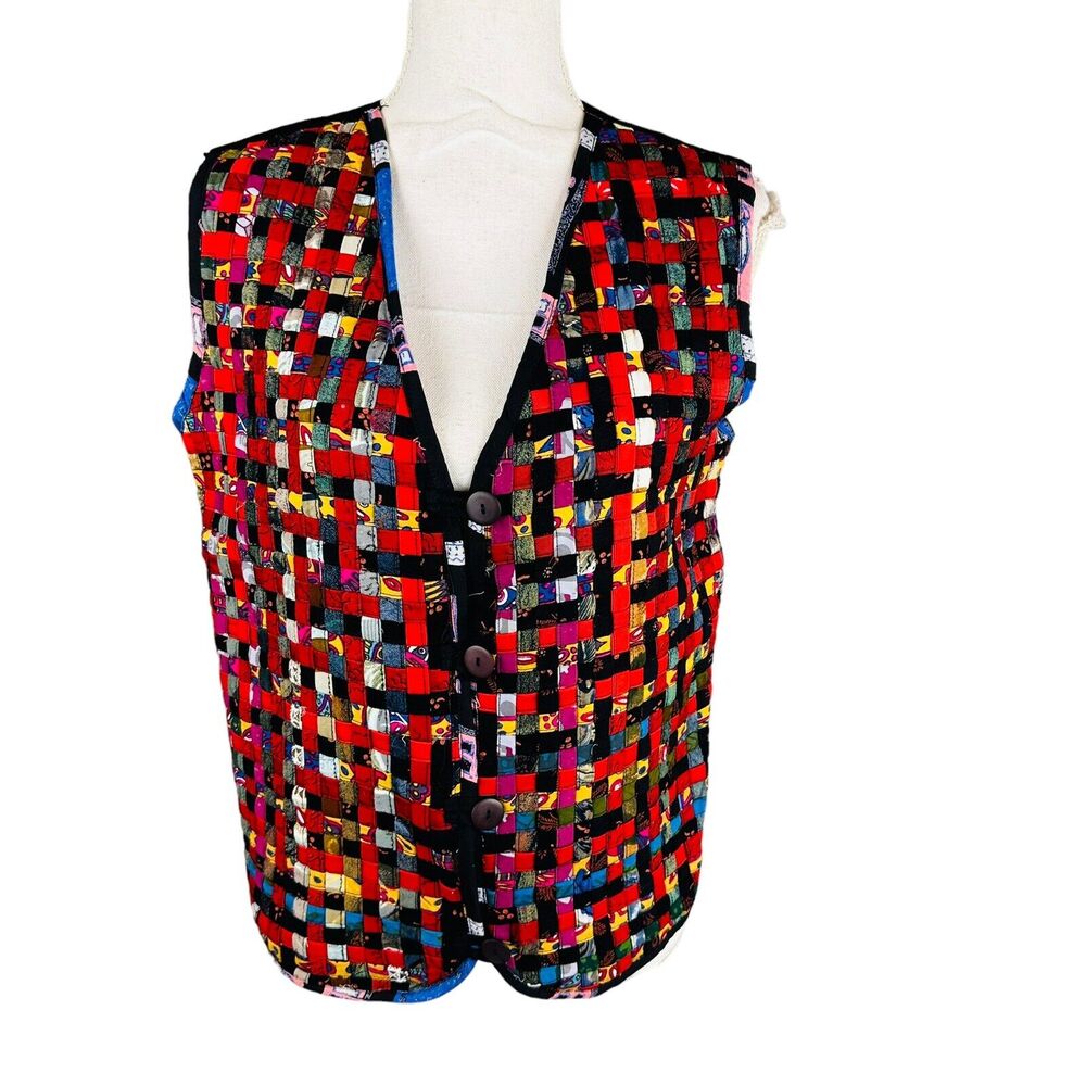 VTG Creazioni Effeci Womans Sz Medium Vest Woven Hippie Abstract Button‎ New